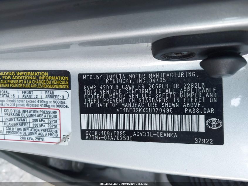 2005 Toyota Camry Le VIN: 4T1BE32KX5U070496 Lot: 43248446