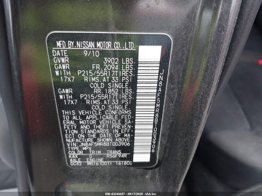 2011 Nissan Juke Sv VIN: JN8AF5MR8BT003906 Lot: 43248457