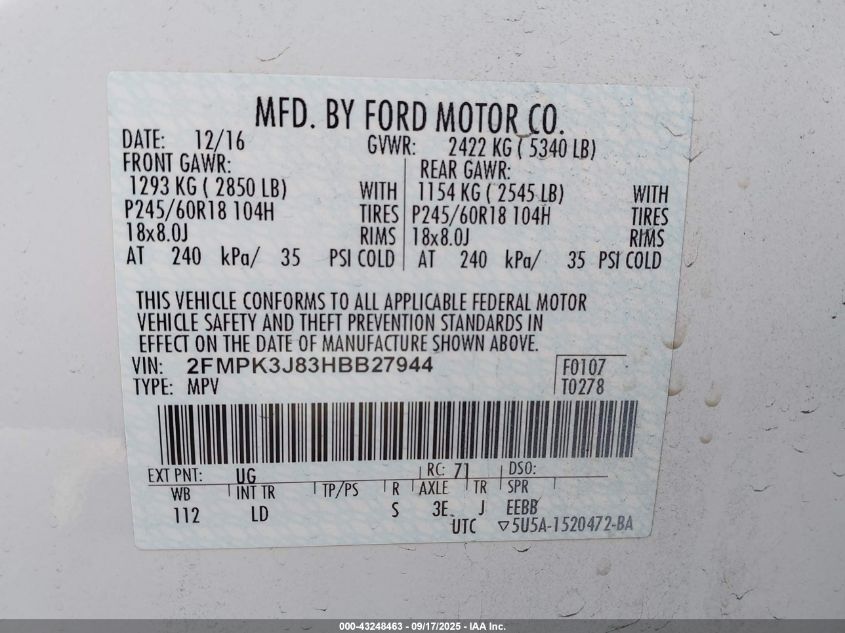 2017 Ford Edge Sel VIN: 2FMPK3J83HBB27944 Lot: 43248463