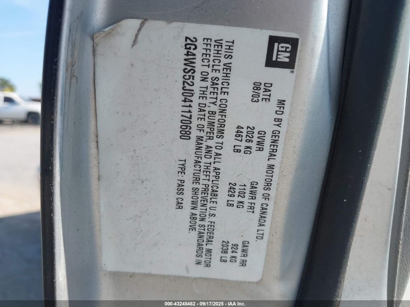 2004 Buick Century VIN: 2G4WS52J041170680 Lot: 43248482