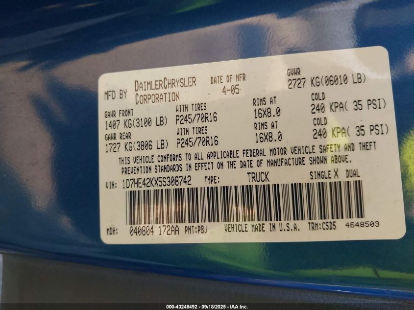 2005 Dodge Dakota Slt VIN: 1D7HE42KX5S308742 Lot: 43248492