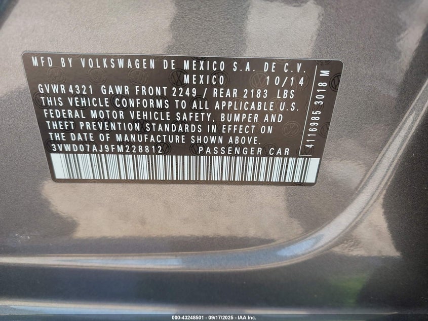 2015 VOLKSWAGEN JETTA 1.8T SE 3VWD07AJ9FM228812