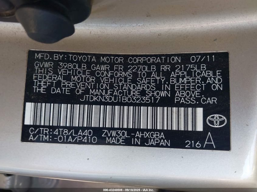 2011 Toyota Prius Four VIN: JTDKN3DU1B0323517 Lot: 43248506