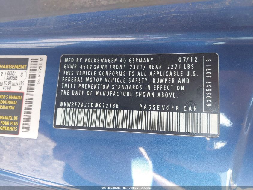 2013 Volkswagen Golf R 2-Door VIN: WVWRF7AJ1DW072186 Lot: 43248508