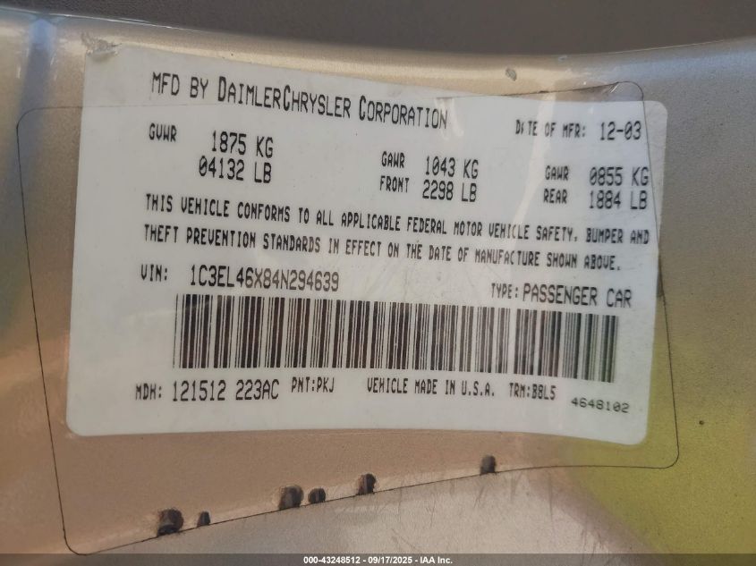 2004 Chrysler Sebring Lx VIN: 1C3EL46X84N294639 Lot: 43248512