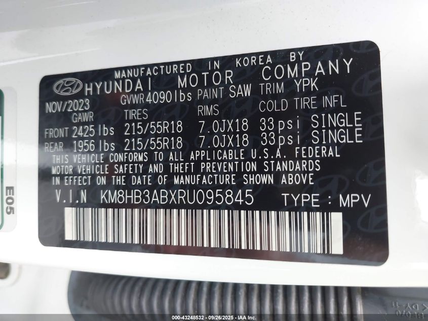 2024 Hyundai Kona Sel VIN: KM8HB3ABXRU095845 Lot: 43248532