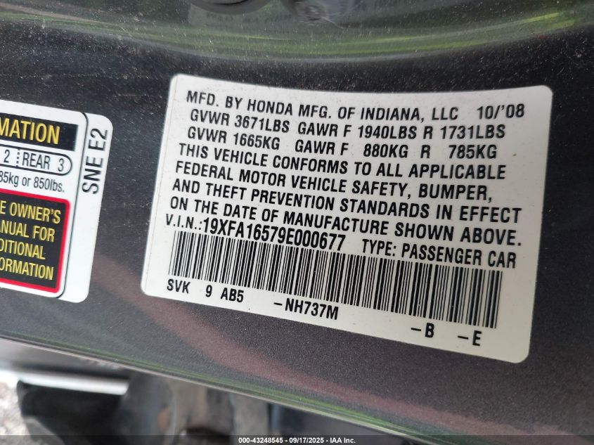 2009 Honda Civic Lx VIN: 19XFA16579E000677 Lot: 43248545