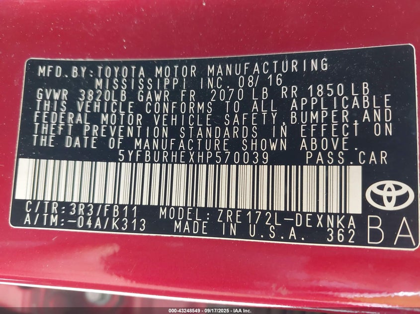 2017 Toyota Corolla Le VIN: 5YFBURHEXHP570039 Lot: 43248549