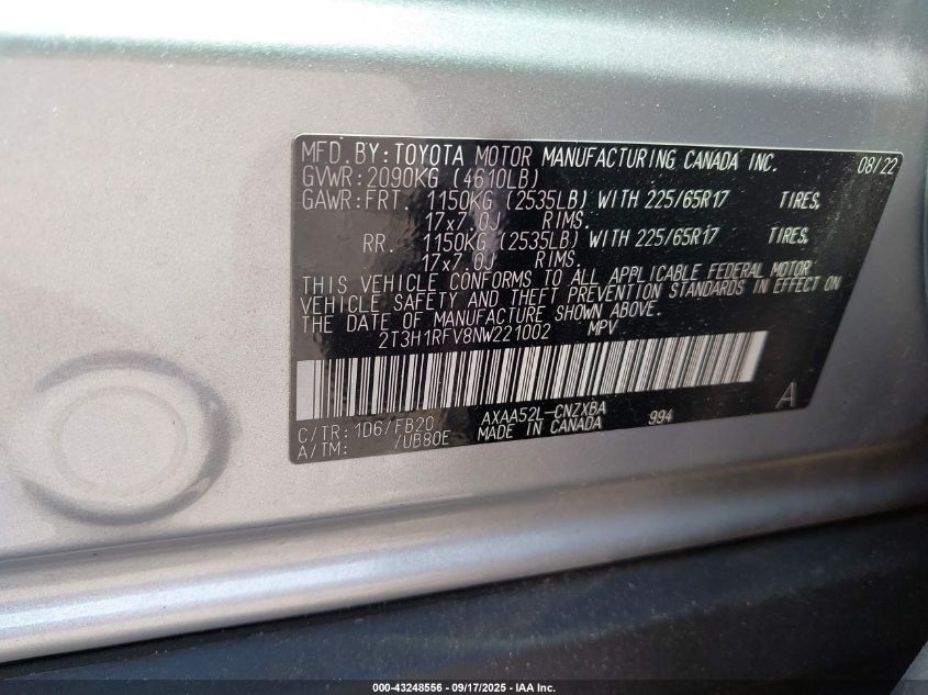 2022 Toyota Rav4 Le VIN: 2T3H1RFV8NW221002 Lot: 43248556