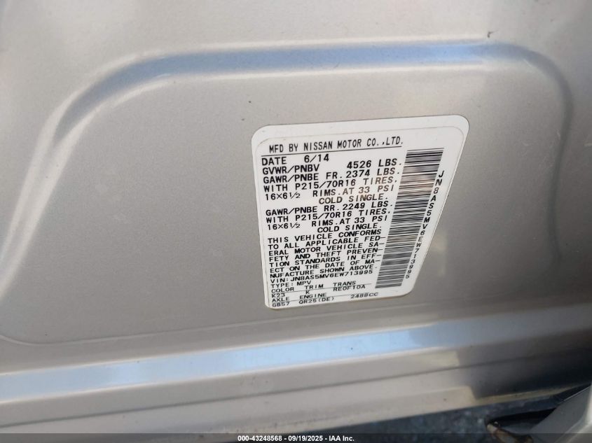 2014 Nissan Rogue Select S VIN: JN8AS5MV6EW713995 Lot: 43248568