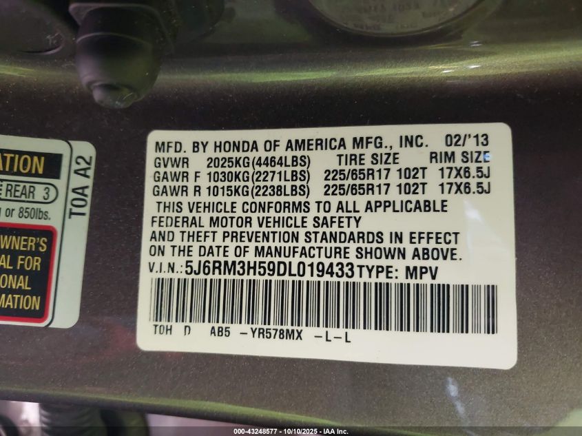 2013 Honda Cr-V Ex VIN: 5J6RM3H59DL019433 Lot: 43248577