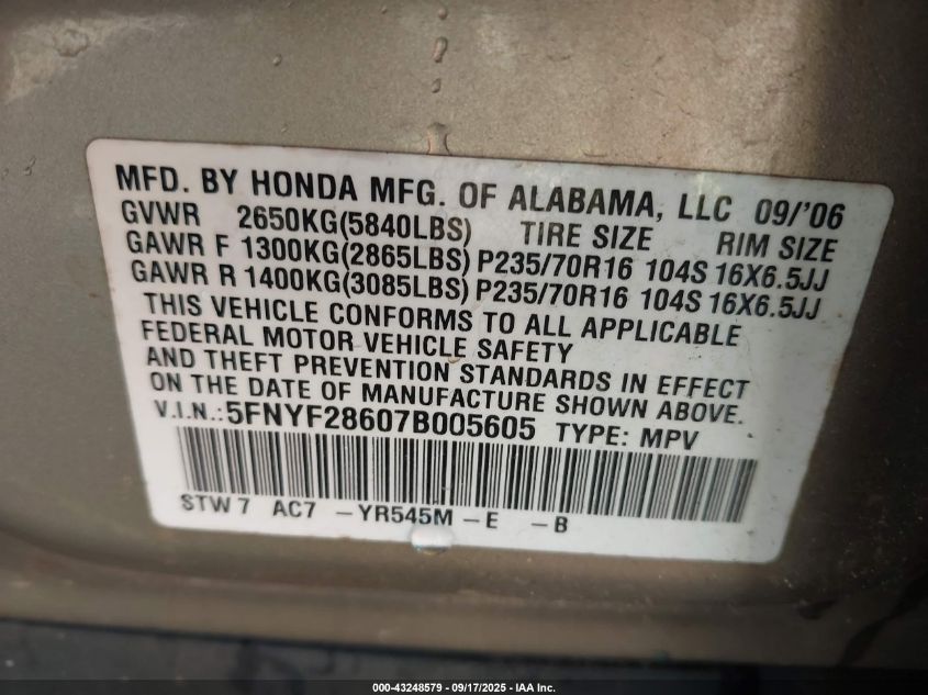2007 Honda Pilot Ex-L VIN: 5FNYF28607B005605 Lot: 43248579