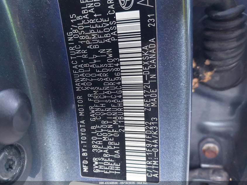 2016 Toyota Corolla S Plus VIN: 2T1BURHE4GC496843 Lot: 43248586