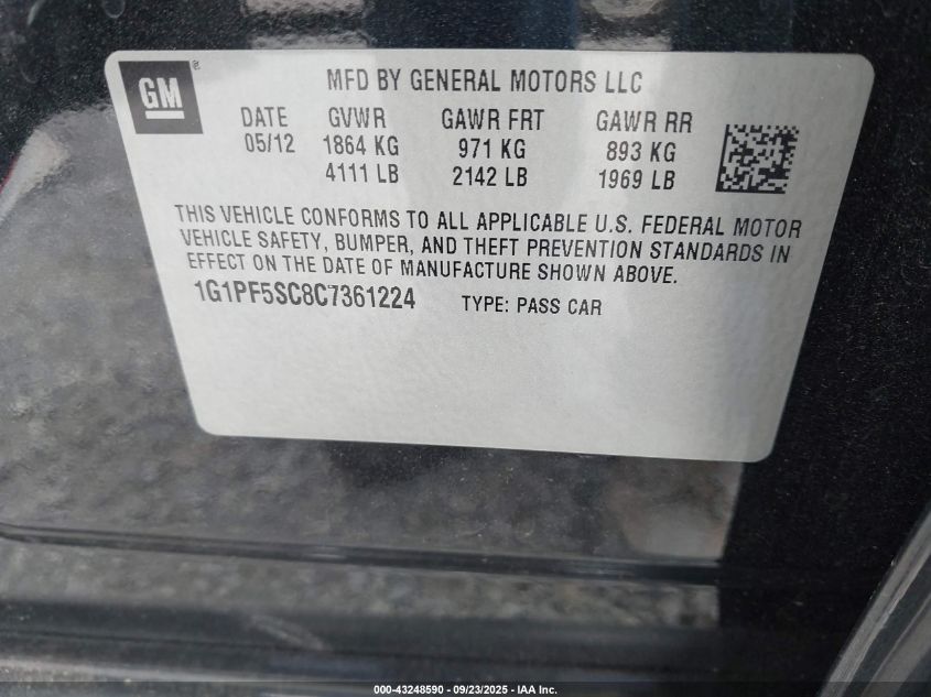 2012 Chevrolet Cruze 1Lt VIN: 1G1PF5SC8C7361224 Lot: 43248590