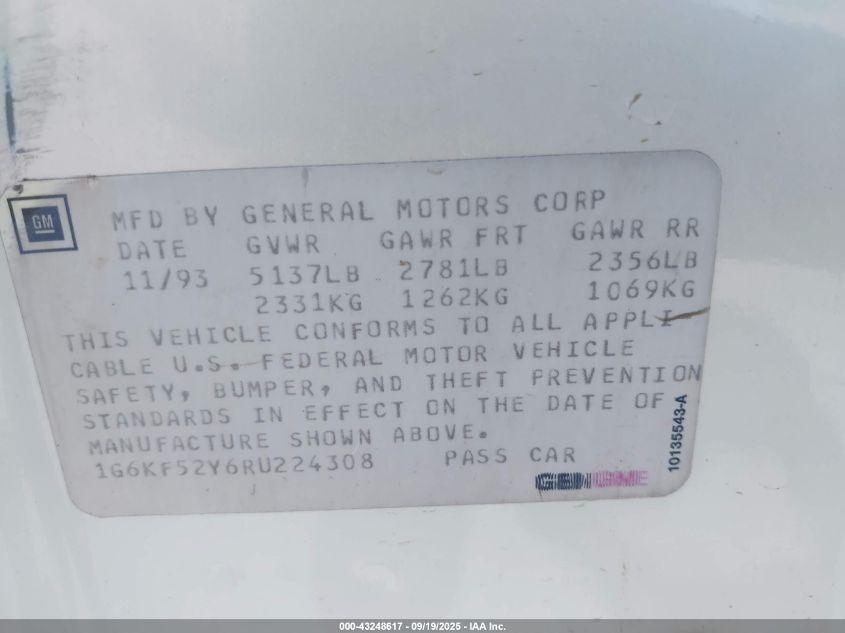 1994 Cadillac Deville Concours VIN: 1G6KF52Y6RU224308 Lot: 43248617