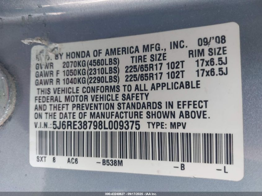 2008 Honda Cr-V Ex-L VIN: 5J6RE38798L009375 Lot: 43248627