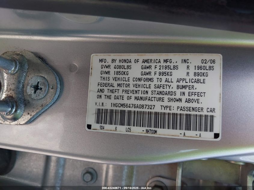 2006 Honda Accord 2.4 Lx VIN: 1HGCM56476A087327 Lot: 43248671