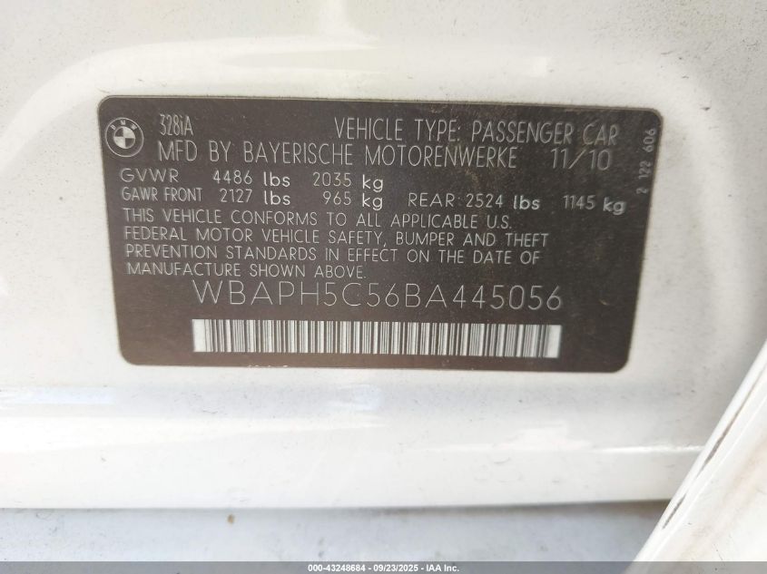 2011 BMW 328I VIN: WBAPH5C56BA445056 Lot: 43248684