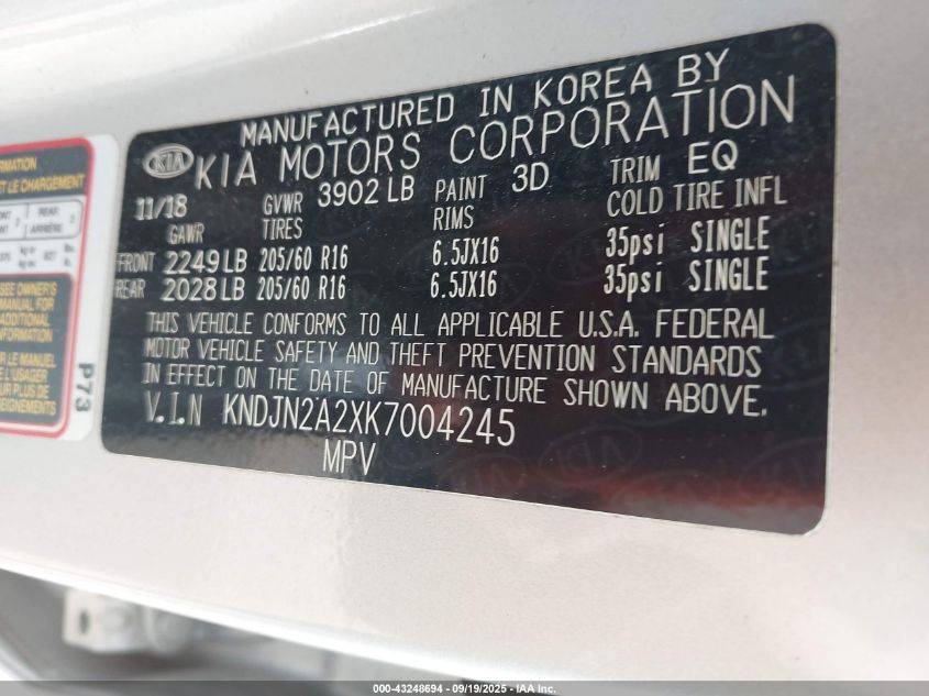 2019 Kia Soul VIN: KNDJN2A2XK7004245 Lot: 43248694