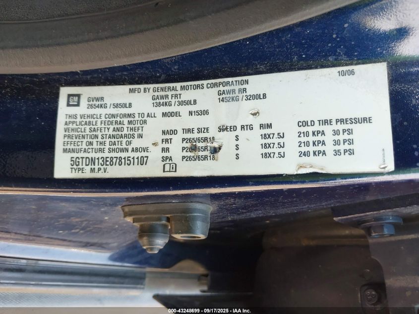 2007 Hummer H3 Suv VIN: 5GTDN13E878151107 Lot: 43248699