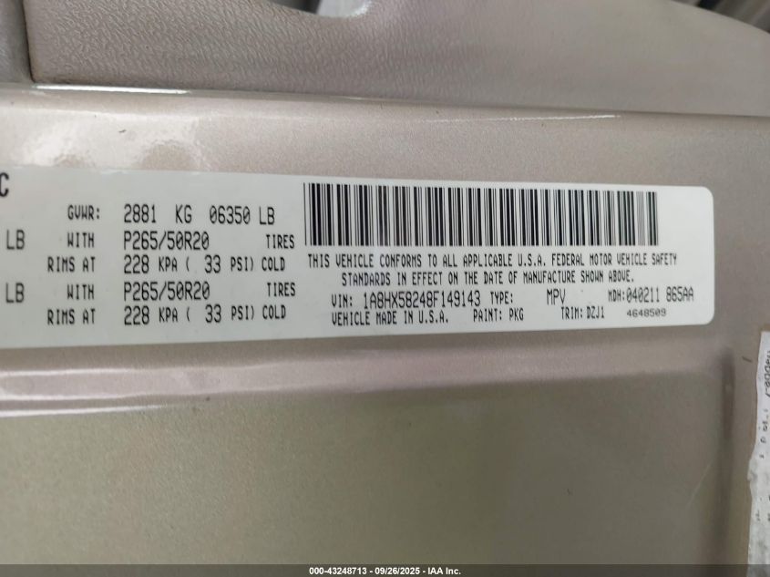 2008 Chrysler Aspen Limited VIN: 1A8HX58248F149143 Lot: 43248713