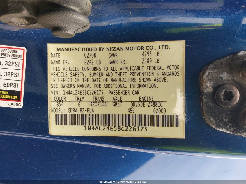 2008 Nissan Altima 2.5 S VIN: 1N4AL24E58C226175 Lot: 43248716