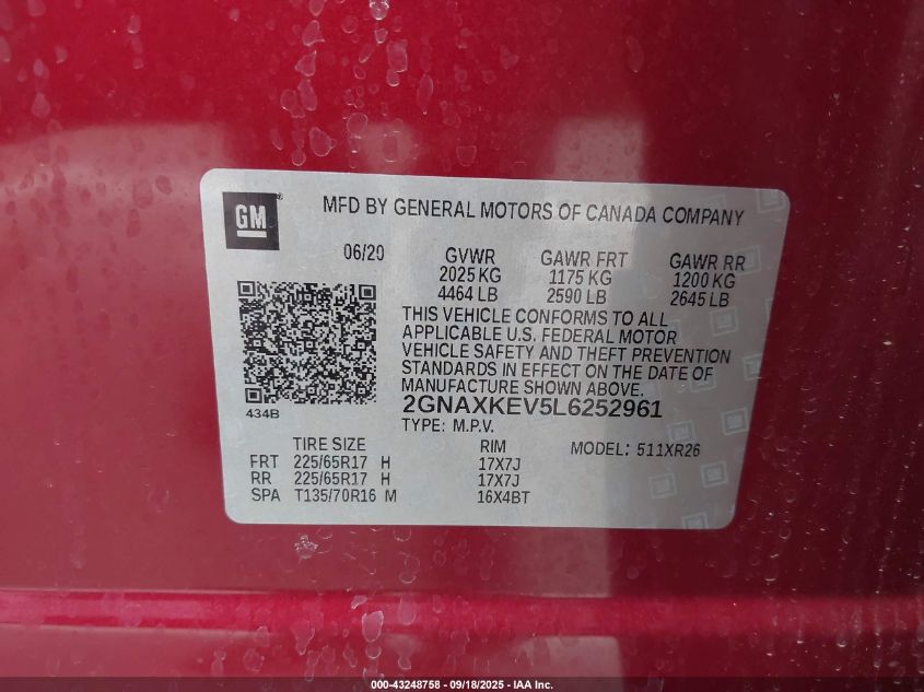 2020 Chevrolet Equinox Fwd Lt 1.5L Turbo VIN: 2GNAXKEV5L6252961 Lot: 43248758