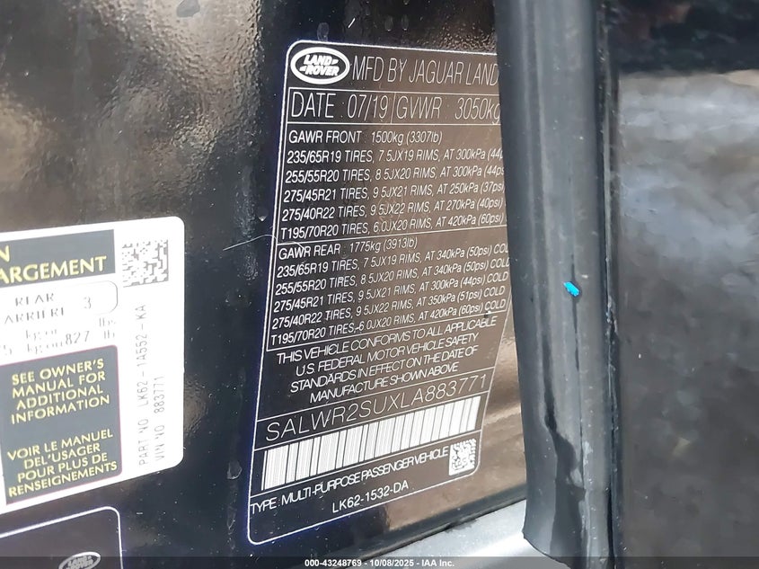 2020 Land Rover Range Rover Sport Hse Mhev VIN: SALWR2SUXLA883771 Lot: 43248769