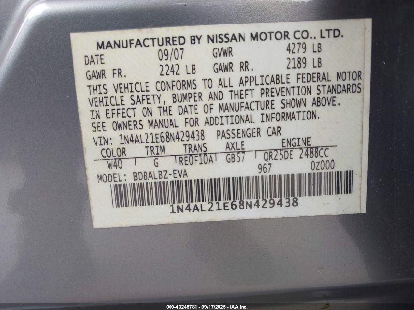2008 Nissan Altima 2.5 S VIN: 1N4AL21E68N429438 Lot: 43248781