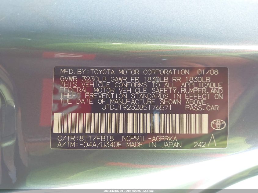 2008 Toyota Yaris VIN: JTDJT923285176571 Lot: 43248799