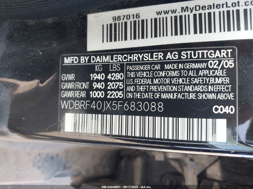 2005 Mercedes-Benz C 230 Kompressor Sport VIN: WDBRF40JX5F683088 Lot: 43248801