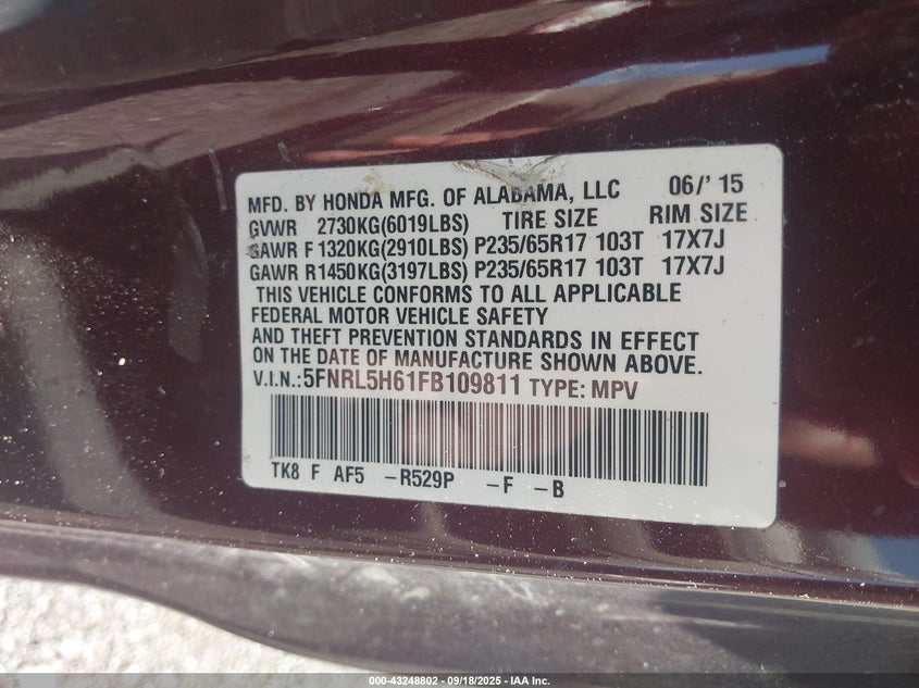 2015 HONDA ODYSSEY EX-L 5FNRL5H61FB109811