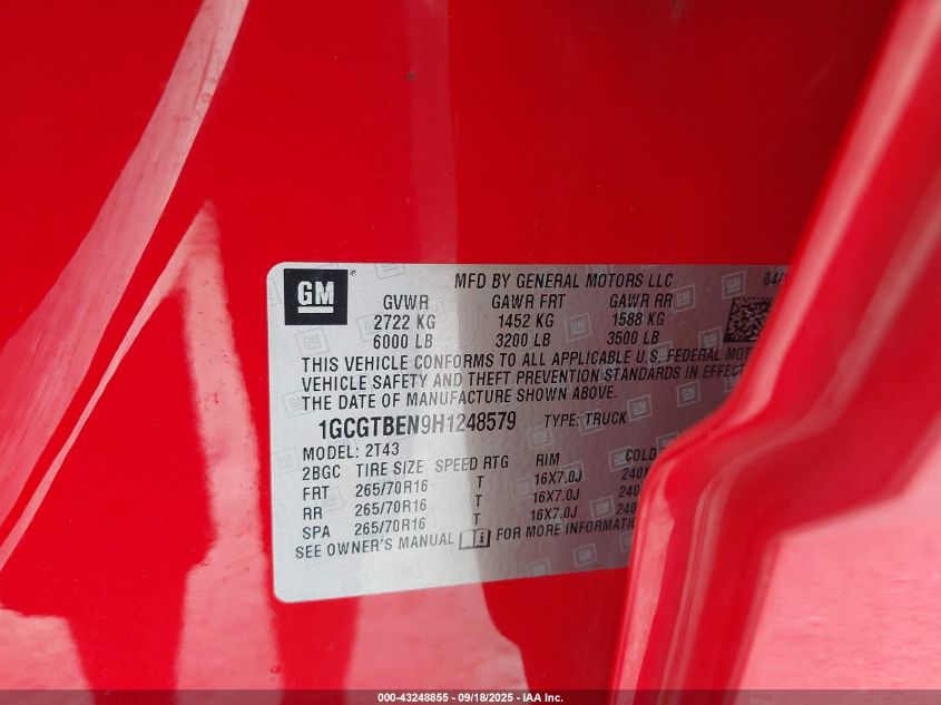 2017 Chevrolet Colorado Wt VIN: 1GCGTBEN9H1248579 Lot: 43248855