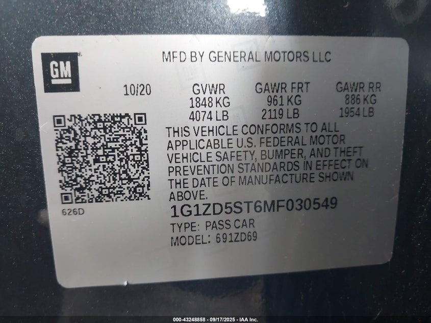 2021 Chevrolet Malibu Fwd Lt VIN: 1G1ZD5ST6MF030549 Lot: 43248858