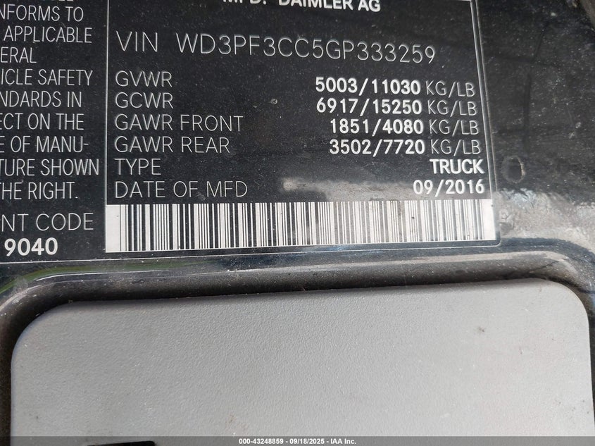 2016 Mercedes-Benz Sprinter 3500 High Roof VIN: WD3PF3CC5GP333259 Lot: 43248859