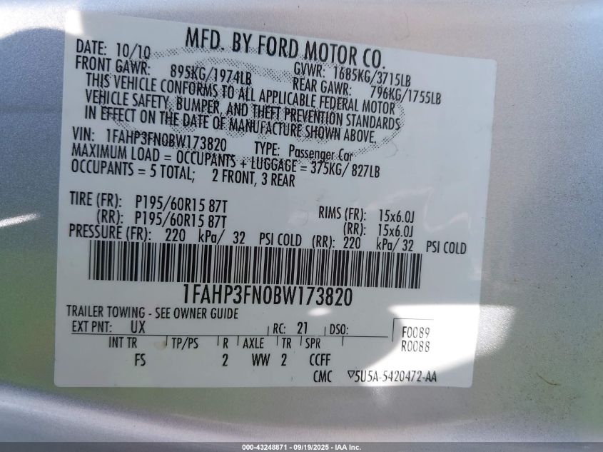 2011 Ford Focus Se VIN: 1FAHP3FN0BW173820 Lot: 43248871