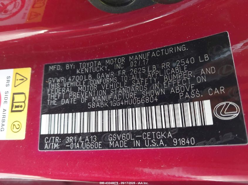 2017 Lexus Es 350 VIN: 58ABK1GG4HU056804 Lot: 43248875