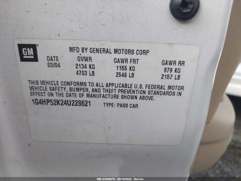 2004 Buick Lesabre Custom VIN: 1G4HP52K24U228621 Lot: 43248879