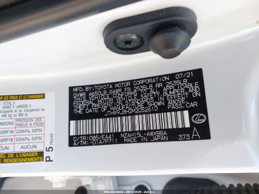 2021 Lexus Ux 250H VIN: JTHX9JBH2M2052610 Lot: 43248884