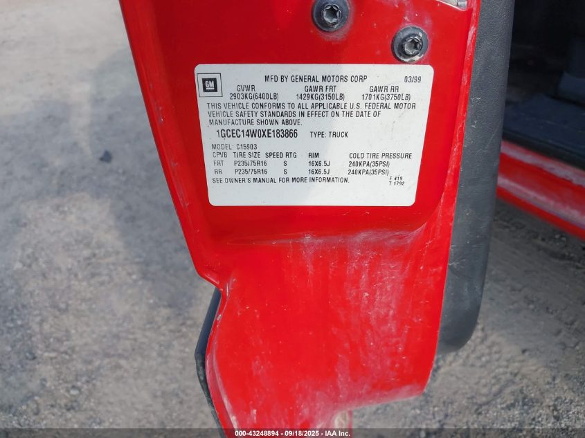 1999 Chevrolet Silverado 1500 VIN: 1GCEC14W0XE183866 Lot: 43248894