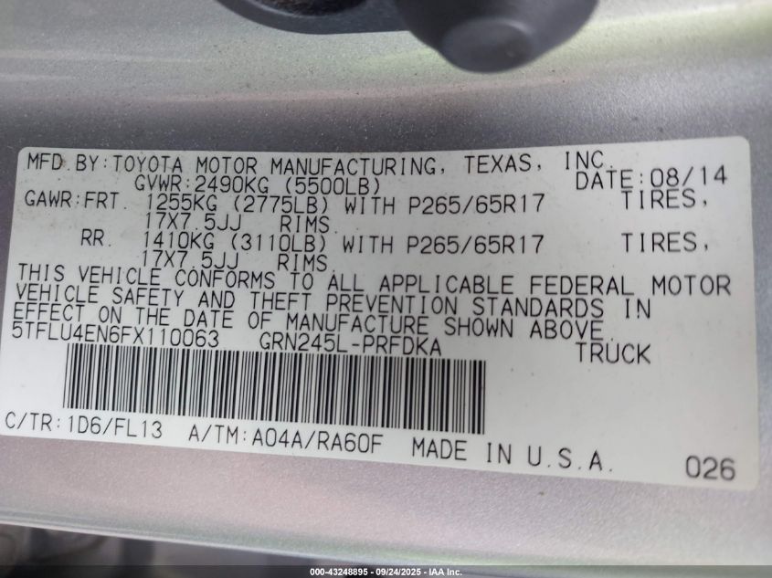 2015 Toyota Tacoma Base V6 VIN: 5TFLU4EN6FX110063 Lot: 43248895