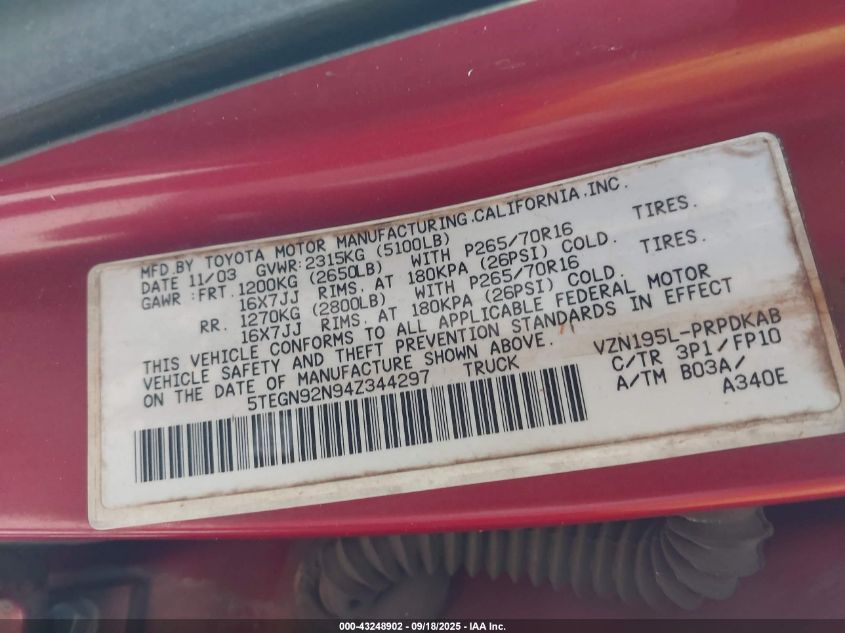 2004 Toyota Tacoma Double Cab Prerunner VIN: 5TEGN92N94Z344297 Lot: 43248902