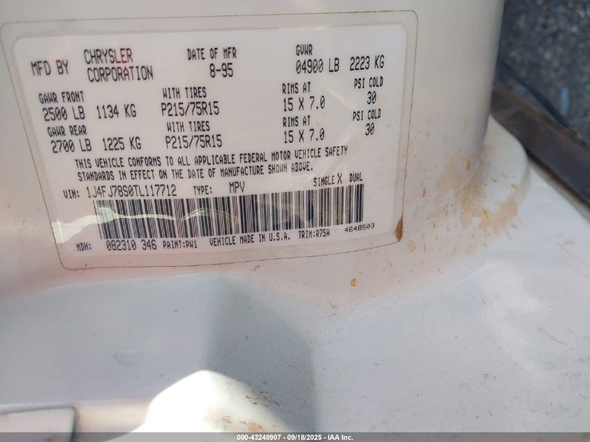 1996 Jeep Cherokee Country VIN: 1J4FJ78S0TL117712 Lot: 43248907