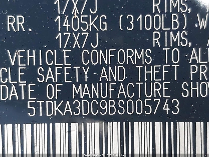 2011 Toyota Sienna VIN: 5TDKA3DC9BS005743 Lot: 43248909