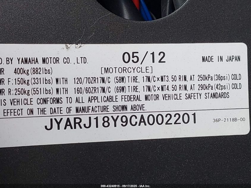 2012 Yamaha Fz6 Rc VIN: JYARJ18Y9CA002201 Lot: 43248915