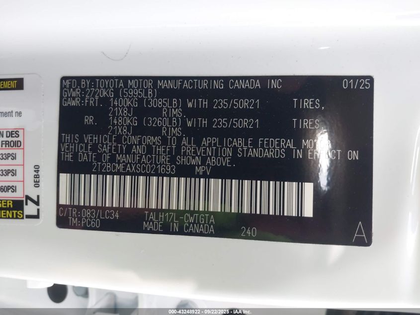 2025 Lexus Rx 500H F Sport Performance VIN: 2T2BCMEAXSC021693 Lot: 43248922