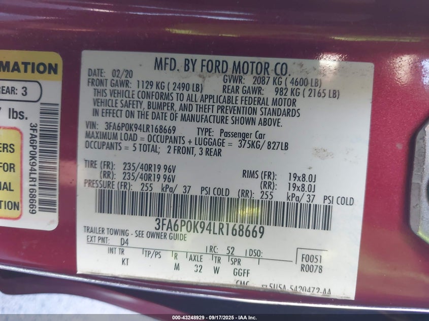 2020 Ford Fusion Titanium VIN: 3FA6P0K94LR168669 Lot: 43248929