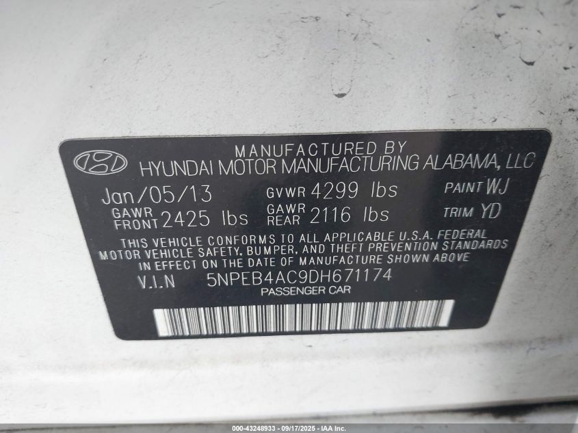 2013 Hyundai Sonata Gls VIN: 5NPEB4AC9DH671174 Lot: 43248933