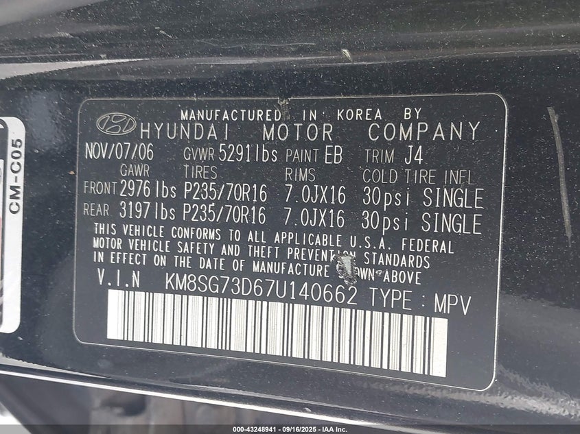 2007 Hyundai Santa Fe Gls VIN: KM8SG73D67U140662 Lot: 43248941