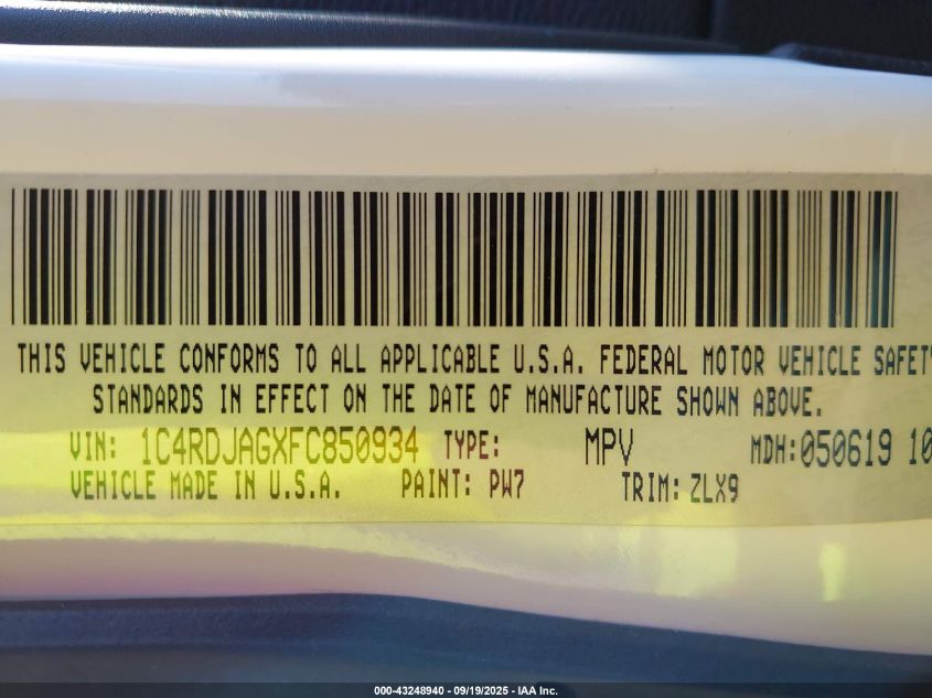 2015 Dodge Durango Sxt VIN: 1C4RDJAGXFC850934 Lot: 43248940